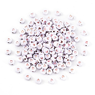 Plating Acrylic Beads, Metal Enlaced, Flat Round with Heart, White, Rose Gold Plated, 7x3.5mm, Hole: 1.5mm, about 200pcs/bag(PACR-YW0001-06)