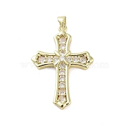 Real 18K Gold Plated Brass with Glass Pendants, Cross, Clear, 37.5x26x4mm, Hole: 3.7x4mm(KK-A209-05C-G)