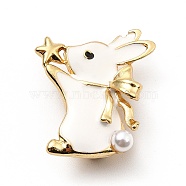 Rabbit with ABS Pearl Beaded Enamel Pin, Golden Alloy Animal Brooch for Backpack Clothes, Cadmium Free & Lead Free, White, 22x19x5mm, Pin: 0.7mm(JEWB-I019-08G)
