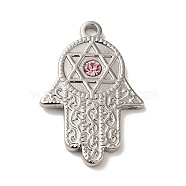 304 Stainless Steel Pendants, with Light Rose Rhinestone, Hamsa Hand with Star of David Charms, Stainless Steel Color, 28.5x19x2.5mm, Hole: 2mm(STAS-L022-052P-02)