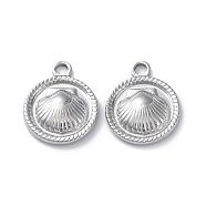 304 Stainless Steel Pendants, Flat Round with Shell Charm, Stainless Steel Color, 18.5x15x3mm, Hole: 2.3mm(STAS-P324-23P)