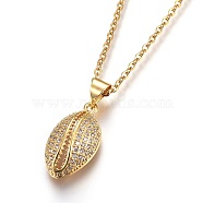 304 Stainless Steel Pendant Necklaces, with Cubic Zirconia, Shell, Clear, Golden, 17.6 inch(45cm), Pendant: 18.5x10x5mm(NJEW-O108-04G)