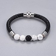 Woman's Braided Leather Cord Bracelets, with Natural Howlite and Black Agate(Dyed), Brass and Stainless Steel Findings, 7-1/2 inch(19cm)(BJEW-JB04253-01)