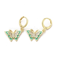 Butterfly Real 18K Gold Plated Brass Dangle Leverback Earrings, with Cubic Zirconia and Enamel, Medium Aquamarine, 30x17.5mm(EJEW-L268-035G-02)