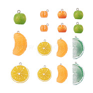 26Pcs 13 Style Resin Pendants, with Platinum Plated Iron Findings, Imitation Fruit, Orange Shape, Mixed Color, 13.5~44x13~24x17~18mm, hole: 1.5~2mm, 2pcs/style(RESI-CW0001-08)