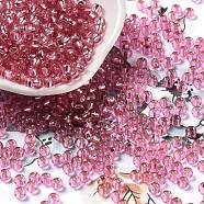 Glass Seed Beads, Silver Lined, Round Hole, Round, Hot Pink, 4x3mm, Hole: 1.2mm, 6429pcs/pound(SEED-H002-C-A042)