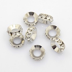 Brass Rhinestone Spacer Beads, Rondelle, Platinum, White, Size: about 13mm in diameter, 5mm thick, hole: 7mm(RSB094-1)