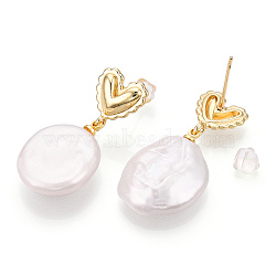 Natural Pearl Dangle Stud Earrings, Brass 
Earrings with 925 Sterling Silver Pins, Heart, Real 18K Gold Plated, 14x11x3mm, Pin: 0.8x11.5mm, Pearl Pendant
: 20~21x14~15x3.5~5mm.(PEAR-N022-A01)