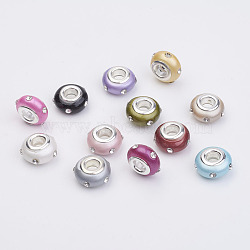 Resin European Beads, with Brass Core and Rhinestones, Rondelle, Large Hole Beads, Platinum, Mixed Color, 14x8mm, Hole: 4.5mm(RPDL-P001)