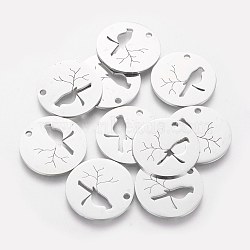 Non-Tarnish 304 Stainless Steel Pendants, Flat Round with Bird, Stainless Steel Color, 20x1.1mm, Hole: 1.5mm(STAS-Q201-T403)