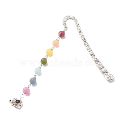Tibetan Style Alloy Bookmarks, with Chakra Theme Frosted Natural Gemstone Beaded Pendant, Elephant, Antique Silver, 137mm(AJEW-JK00182-04)