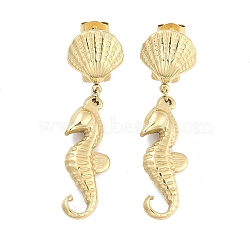 Sea Horse & Shell Shape 304 Stainless Steel Dangle Earrings, Stud Earrings for Women, Real 18K Gold Plated, 45x12.5mm(EJEW-L283-106G)
