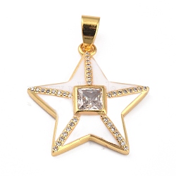 Brass Micro Pave Clear Cubic Zirconia Pendants, with Enamel, Long-Lasting Plated, Real 18K Gold Plated, Star, White, 25.5x24.5x5mm, Hole: 3.5x5.5mm(ZIRC-J025-30G-04)