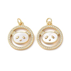 Brass Micro Pave Cubic Zirconia Pendants, with Shell and Jump Ring, Real 18K Gold Plated, Panda, 20.5x18x3mm, Hole: 3mm(KK-B083-39A-G)