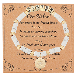 Word Sister Synthetic Howlite & Brass Beaded Stretch Bracelet, Clear Cubic Zirconia Star Charms Bracelet for Girl Women, Inner Diameter: 2-1/8 inch(5.4cm), 1pc/set(BJEW-OC0001-14)