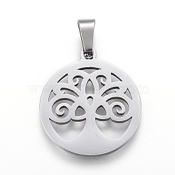 304 Stainless Steel Pendants, Flat Round with Tree of Life, Stainless Steel Color, 25x22x1.2mm, Hole: 4x7.5mm(STAS-I086-03P-03)