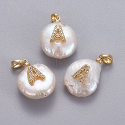 Natural Cultured Freshwater Pearl Pendants, with Brass Micro Pave Cubic Zirconia Findings, Nuggets with Letter, Long-Lasting Plated, Golden, Clear, Letter.A, 17~27x12~16x6~12mm, Hole: 4x2.5mm(KK-L187-A-01A)