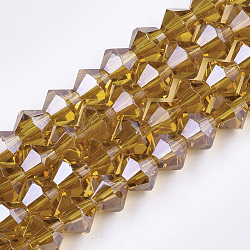 Electroplate Glass Beads Strands, Pearl Luster Plated, Faceted, Bicone, Goldenrod, 6x5.5~6mm, Hole: 1mm, about 44~47pcs/strand, 11.02 inch(EGLA-Q118-6mm-A14)