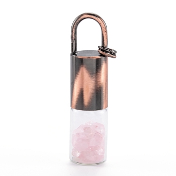 Glass Roller Bottle, with Natural Rose Quartz Roller Balls and Chips, Essential Oil Perfume Bottles, Red Copper Brass Bottle Cap, 62.5x16mm, Hole: 10x14mm, Jump Ring: 8x1mm