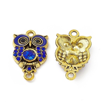 Alloy Rhinestone Connector Charms, Owl Charms, with Enamel, Antique Golden, Blue, 25x15x4.5mm, Hole: 2mm
