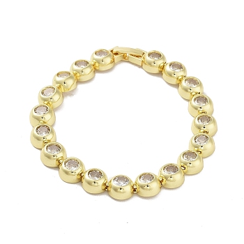 Brass Flat Round Link Chain Bracelets, Cubic Zirconia Tennis Bracelet, Real 18K Gold Plated, 7-5/8 inch(19.4cm), Wide: 8mm