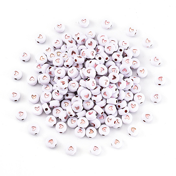 Plating Acrylic Beads, Metal Enlaced, Flat Round with Heart, White, Rose Gold Plated, 7x3.5mm, Hole: 1.5mm, about 200pcs/bag