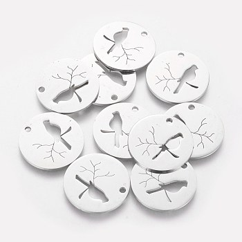 304 Stainless Steel Pendants, Flat Round with Bird, Stainless Steel Color, 20x1.1mm, Hole: 1.5mm