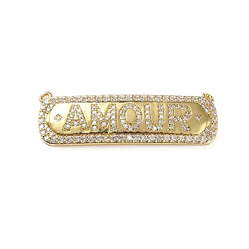 Rack Plating Brass Pave Cubic Zirconia Pendants, Rectangle with Word, Long-Lasting Plated, Lead Free & Cadmium Free, Real 18K Gold Plated, 13x39.5x2.8mm, Hole: 1.2mm
