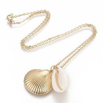 304 Stainless Steel Pendant Necklaces, with Natural Cowrie Shell, Shell, Golden, 17.7 inch(45cm), 2mm