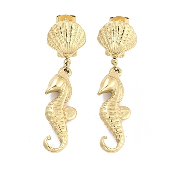 Sea Horse & Shell Shape 304 Stainless Steel Dangle Earrings, Stud Earrings for Women, Real 18K Gold Plated, 45x12.5mm
