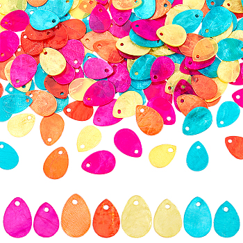 AHADERMAKER 160Pcs 8 Styles Spray Painted Natural Capiz Shell Charms, Teardrop, Mixed Color, 13~14.5x9~10x1mm, hole: 1mm, 20pcs/style