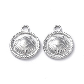 304 Stainless Steel Pendants, Flat Round with Shell Charm, Stainless Steel Color, 18.5x15x3mm, Hole: 2.3mm