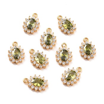 Real 18K Gold Plated Brass Micro Pave Cubic Zirconia Charms, Cadmium Free & Nickel Free & Lead Free, Oval, Olive, 12x8x3mm, Hole: 1.2mm
