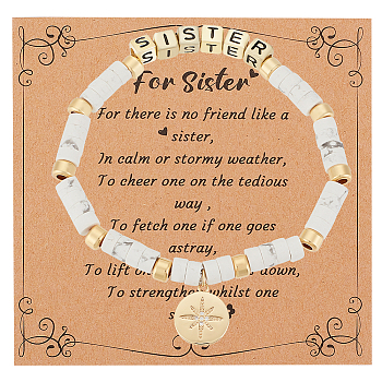 Word Sister Synthetic Howlite & Brass Beaded Stretch Bracelet, Clear Cubic Zirconia Star Charms Bracelet for Girl Women, Inner Diameter: 2-1/8 inch(5.4cm), 1pc/set