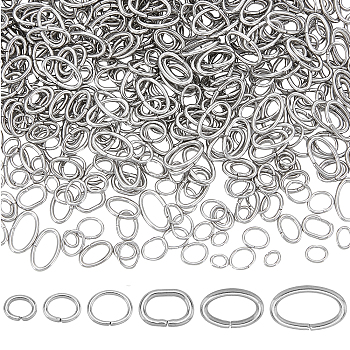 600Pcs 6 Styles 304 Stainless Steel Open Jump Rings, Oval, Stainless Steel Color, 4~10x3~6x0.6~1mm, Inner Diameter: 1.5~4x2.5~8mm, 100pcs/style