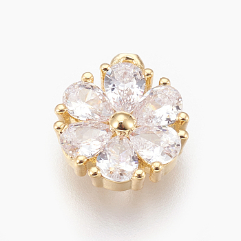 Brass Charms, with Cubic Zirconia, Flower, Clear, Golden, 11x9.5x3mm, Hole: 0.8mm