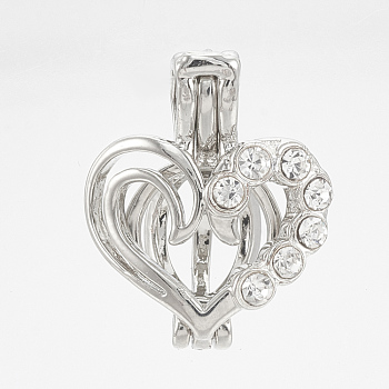 Brass Locket Pendants, Cage Pendants, Hollow, with Rhinestones, Heart, Silver Color Plated, 18x15x8mm, Hole: 4x2mm, Inner Diameter: 7.5mm