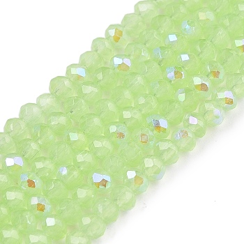 Electroplate Glass Beads Strands, Imitation Jade Beads, Half Plated, Rainbow Plated, Faceted, Rondelle, Light Green, 2.9~3.3x2mm, Hole: 0.8mm, about 135~140pcs/strand, 32~34cm