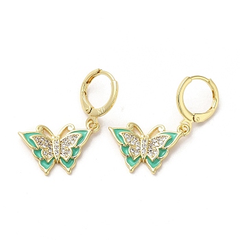 Butterfly Real 18K Gold Plated Brass Dangle Leverback Earrings, with Cubic Zirconia and Enamel, Medium Aquamarine, 30x17.5mm