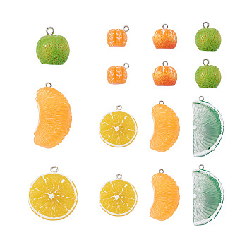 26Pcs 13 Style Resin Pendants, with Platinum Plated Iron Findings, Imitation Fruit, Orange Shape, Mixed Color, 13.5~44x13~24x17~18mm, hole: 1.5~2mm, 2pcs/style