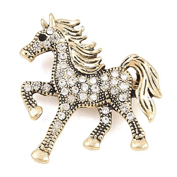 Alloy Rhinestone Lapel Pin Brooches, Horse, Crystal, Antique Bronze, 38x36.5mm