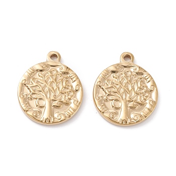 Ion Plating(IP) 316 Surgical Stainless Steel Pendants, Flat Round with Tree, Real 24K Gold Plated, 22x18.5x2.5mm, Hole: 2mm