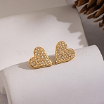 304 Stainless Steel Full Crystal Rhinestone Heart Stud Earrings for Women, Real 18K Gold Plated, 12.4x13.2mm(IV5309-2)