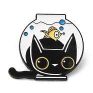 Alloy Enamel Pins, Cat with Fish Bowl Brooches, Electrophoresis Black, 27.5x30x1.5mm(JEWB-P019-C01)