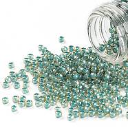 TOHO Round Seed Beads, Japanese Seed Beads, (953) Inside Color Jonquil/Turquoise Lined, 11/0, 2.2mm, Hole: 0.8mm, about 1110pcs/10g(X-SEED-TR11-0953)