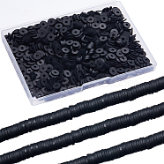 Flat Round Handmade Polymer Clay Beads, Disc Heishi Beads for Hawaiian Earring Bracelet Necklace Jewelry Making, Black, 8x0.5~1mm, Hole: 2mm, about 380~400pcs/strand, 17.7 inch, 3 strands/box(CLAY-SC0001-58B-03)