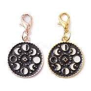 Alloy Enamel Pendant Decorations, with Zinc Alloy Lobster Claw Clasps, Flat Round with Moon Phase Charm, Mixed Color, 38mm, flat round: 23x20x1.5mm(HJEW-JM01789)