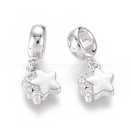 Brass Micro Pave Clear Cubic Zirconia European Dangle Charms, Large Hole Pendants, Star, Platinum, 19.5mm, Hole: 4.5mm, Star: 9.5x8x2mm(ZIRC-G153-14P)
