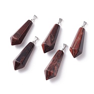 Natural Red Tiger Eye Pointed Pendants, with Platinum Plated Brass Loops, Bullet, 35.3~38x13~14mm, Hole: 6.5x2.8mm(G-I314-02P-11)