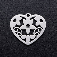 201 Stainless Steel Pendants, Heart with Flower, Stainless Steel Color, 15x16x1mm, Hole: 1.2mm(STAS-T046-JN255-1)